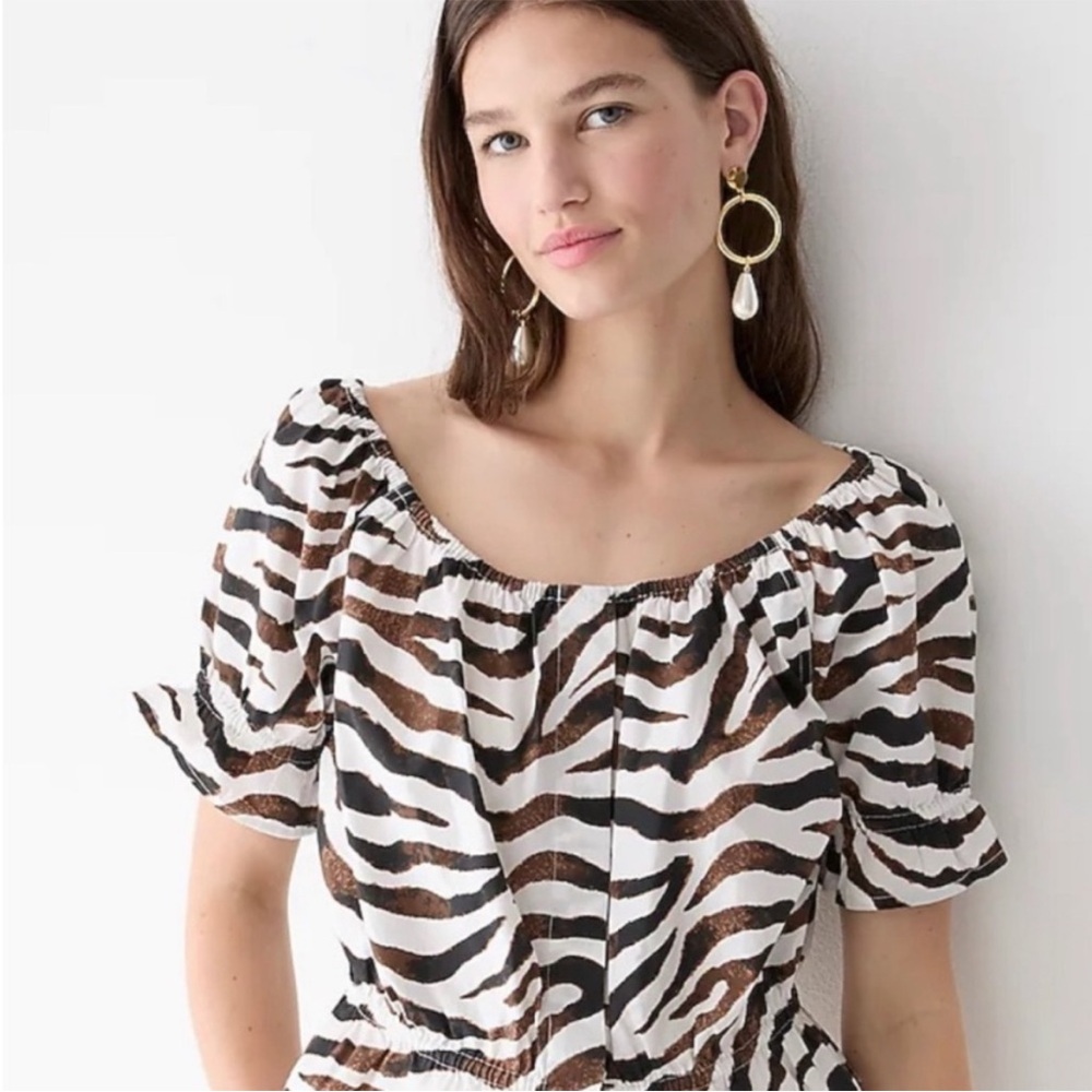 J.Crew Gathered Zebra
Stripe Crop Top White Brown Button Up Peplum NWT
